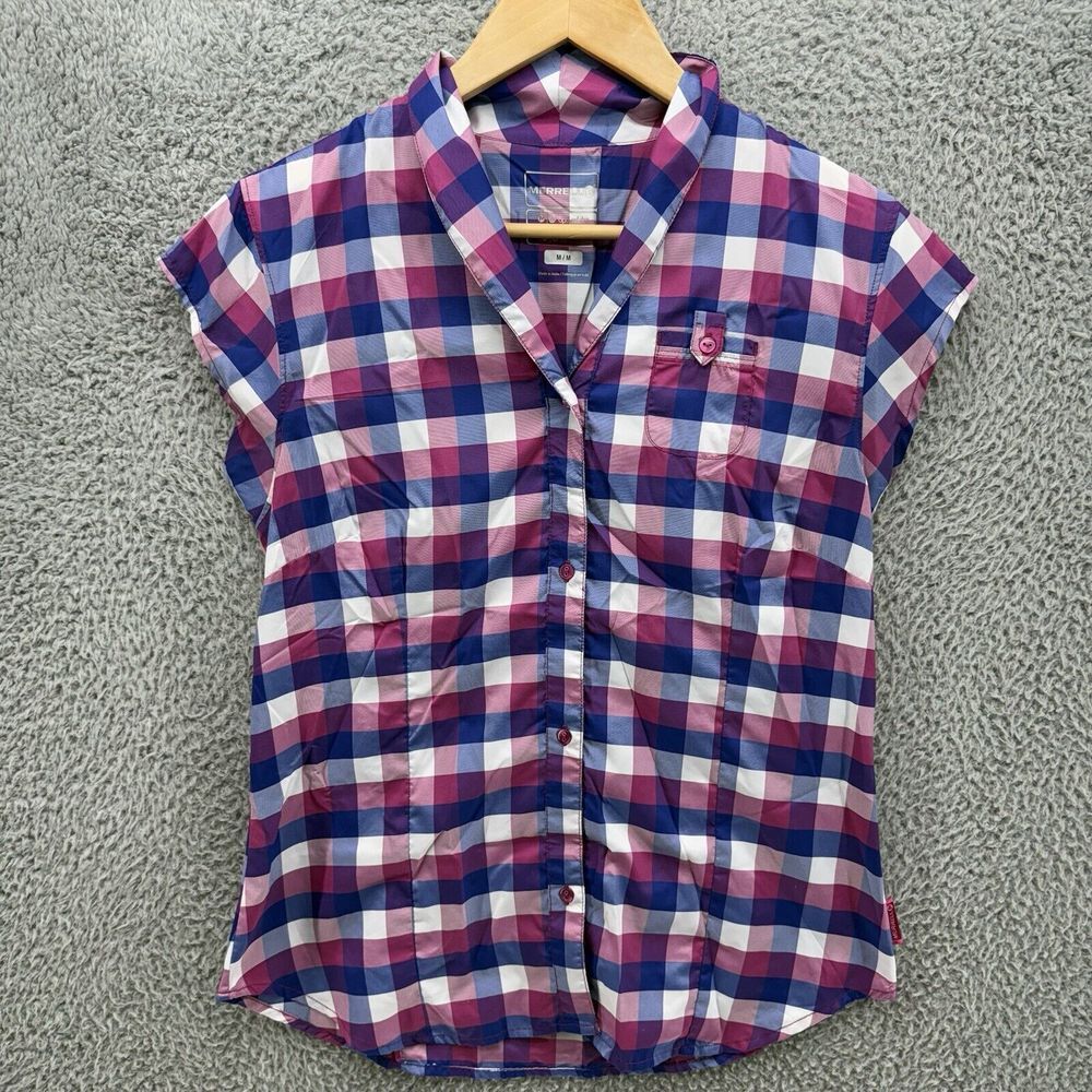 Merrell Womens‎ M Opti Wick UPF 30+ Button Up Sleeveless Shirt Blue Pink Plaid